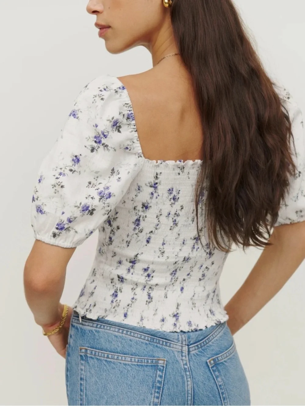 Reformation Cream Linen Top with Blue Floral Print and Puff Sleeves